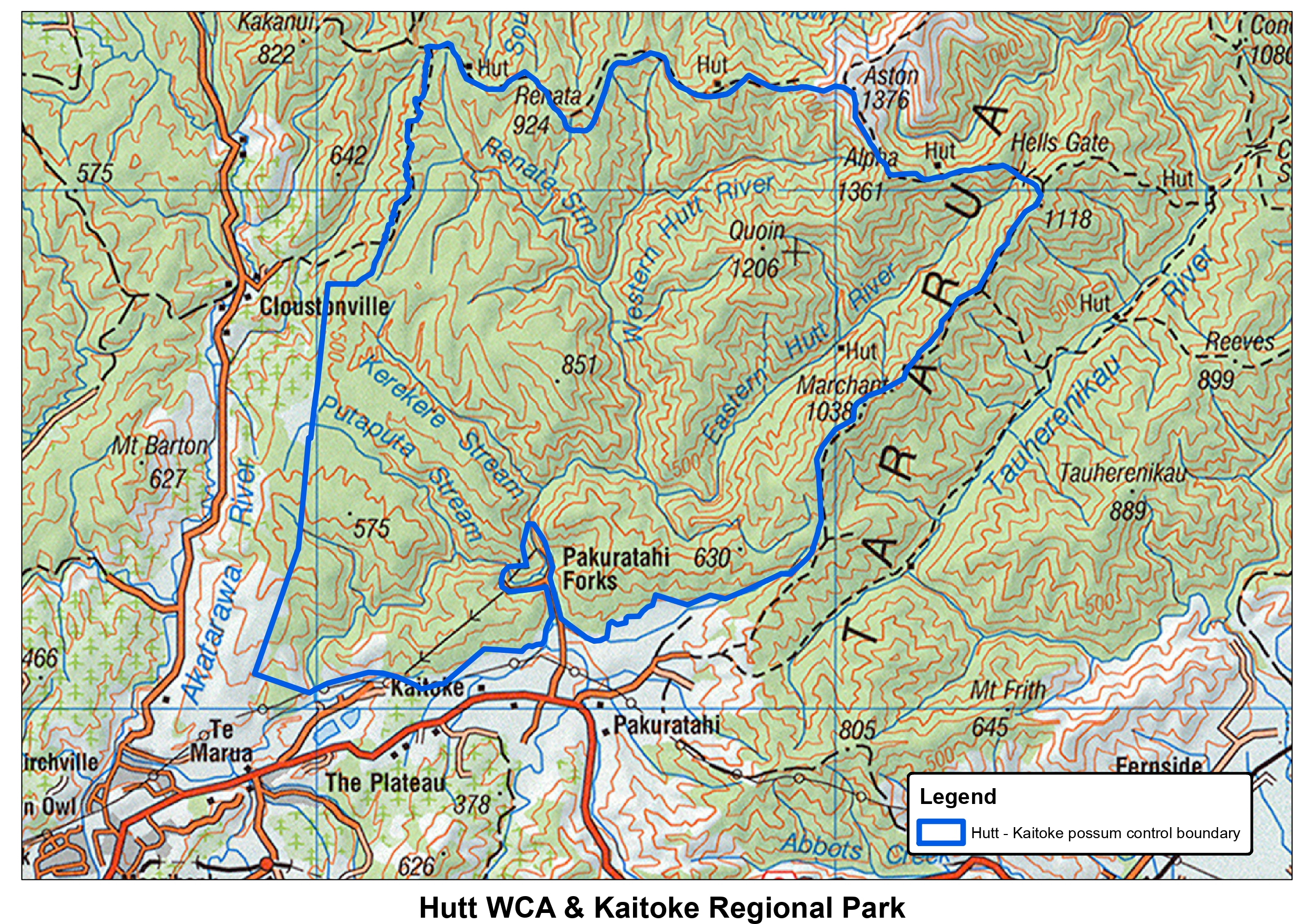 Map of the operational area in Hutt Water Collection Area and Kaitoke Regional Park