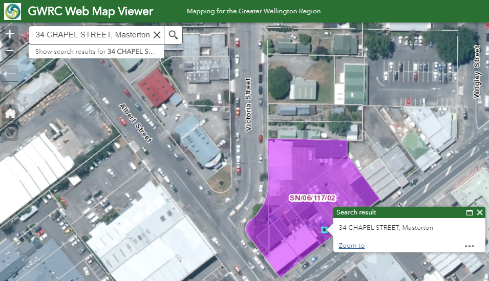 Zoomed-in view of the Wellington map, showing 34 Chapel Street covered by a purple polygon