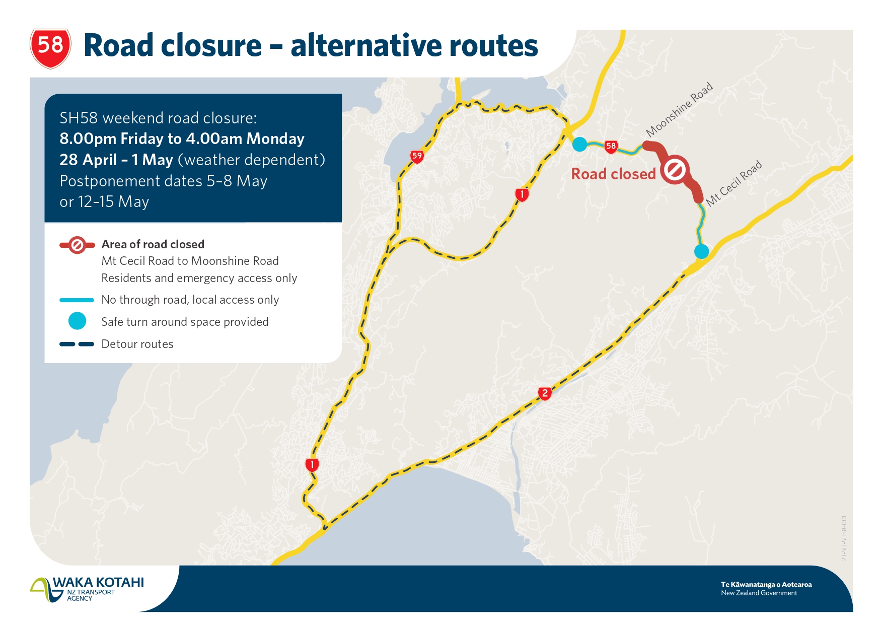 Map showing the SH58 road closure and alternative routes